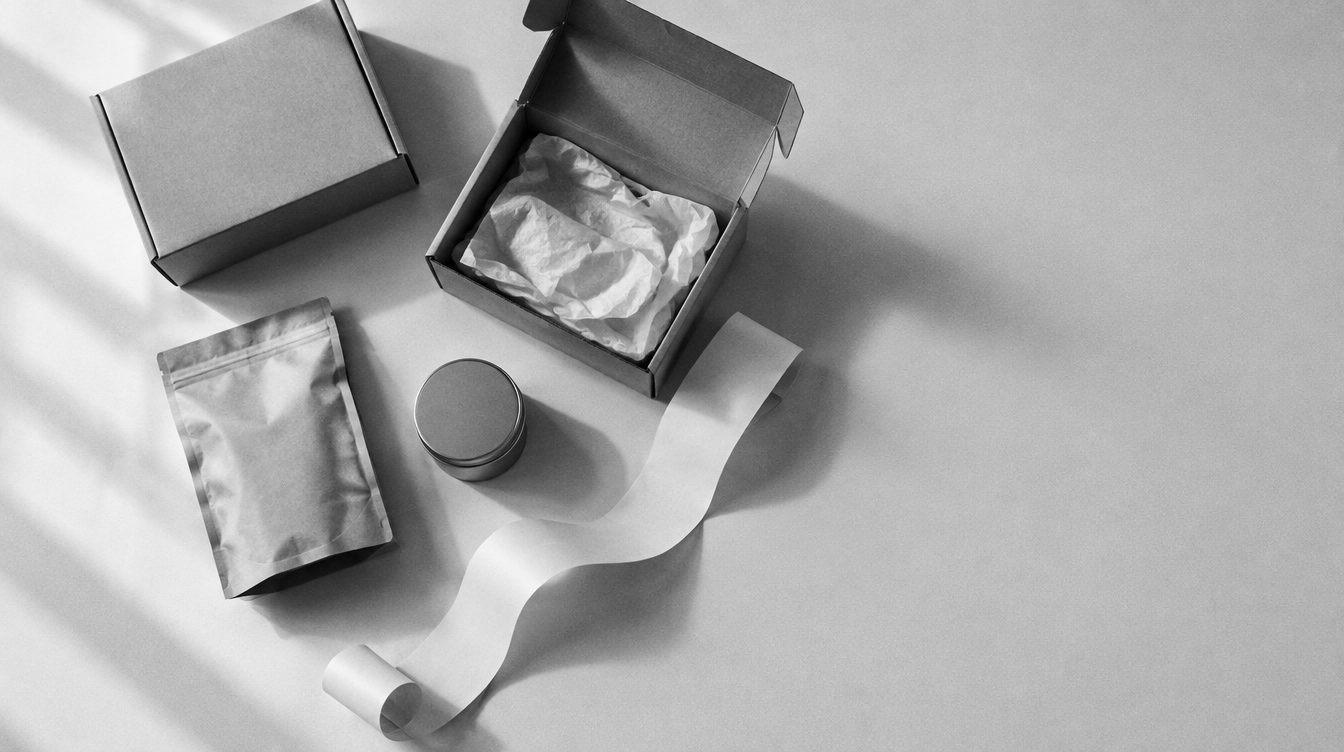 Shipping boxes, a gift tin, a coffee bag and a long receipt on a table